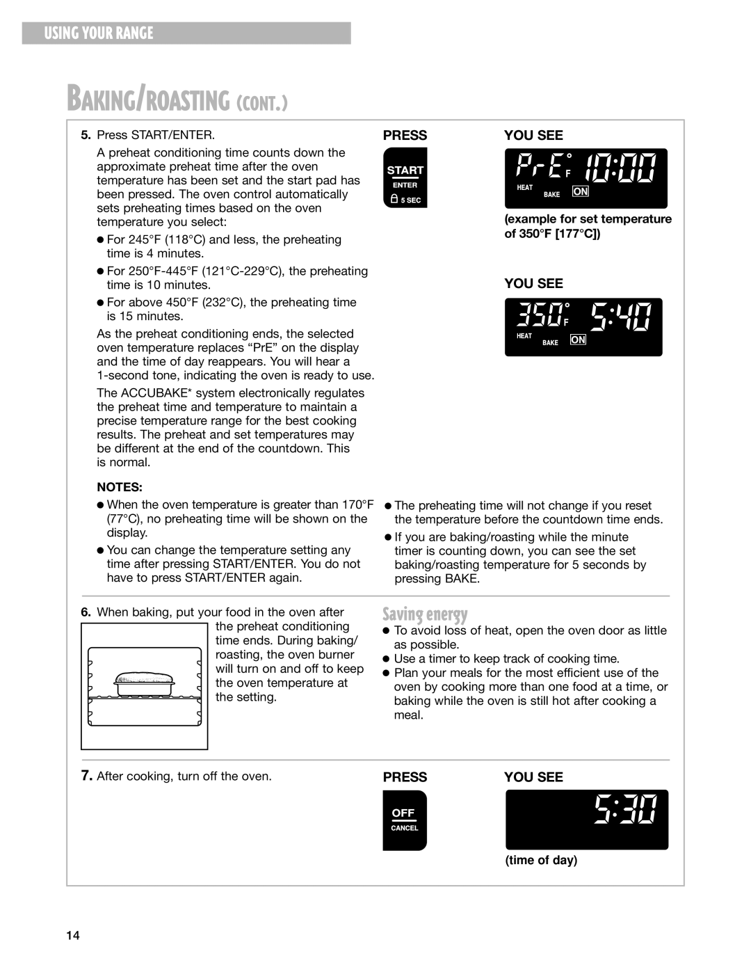 Whirlpool YGS395LEG warranty Saving energy, Example for set temperature of 350F 177C 