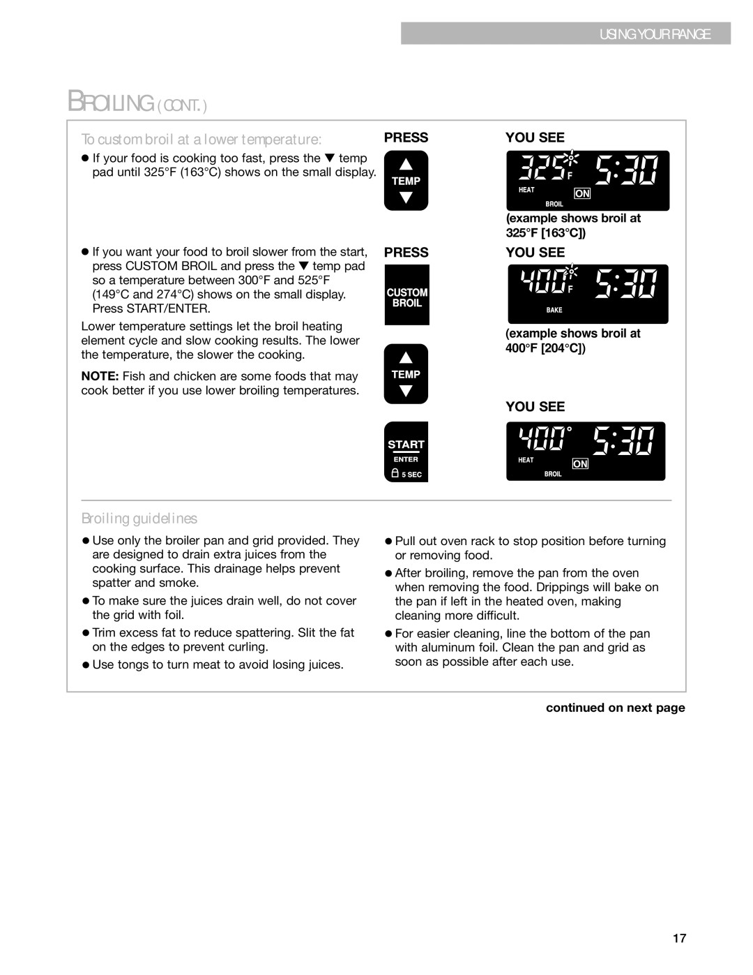 Whirlpool YGS395LEG warranty Broiling guidelines, Example shows broil at 325F 163C, Example shows broil at 400F 204C 