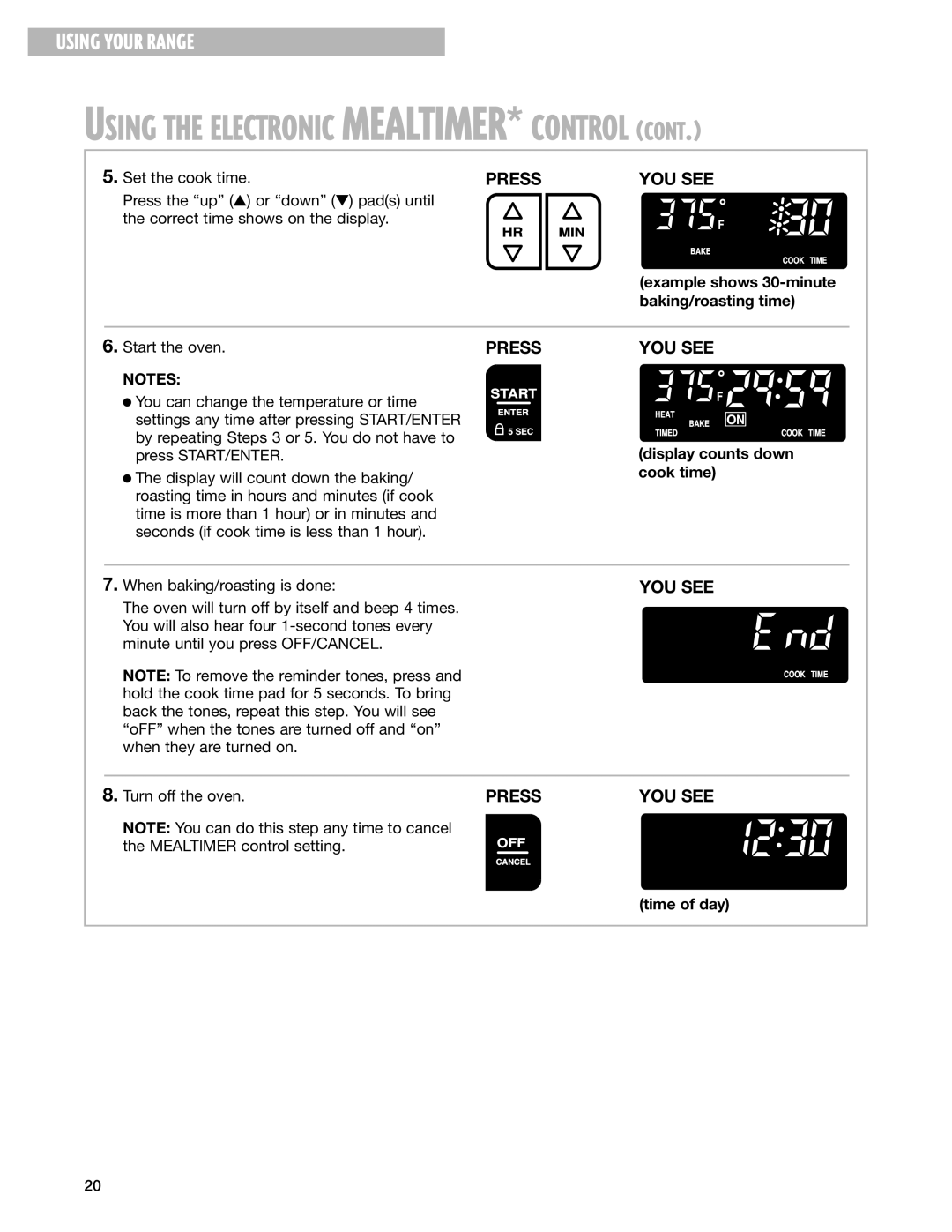 Whirlpool YGS395LEG warranty Example shows 30-minute baking/roasting time, Display counts down cook time 