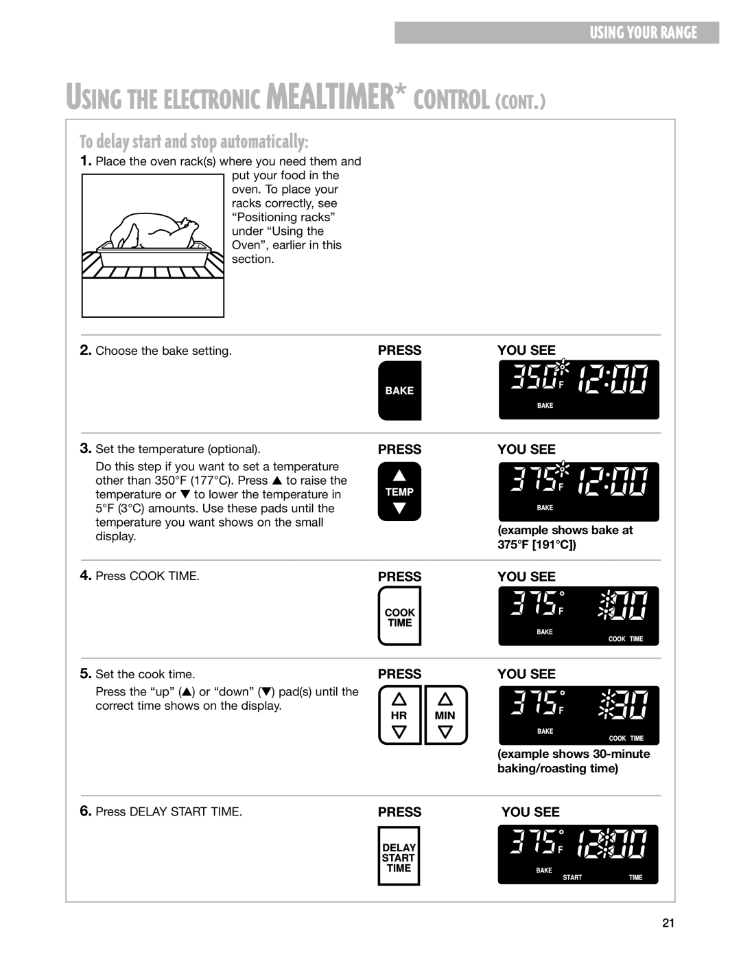 Whirlpool YGS395LEG warranty To delay start and stop automatically, Example shows 30-minute, Baking/roasting time 