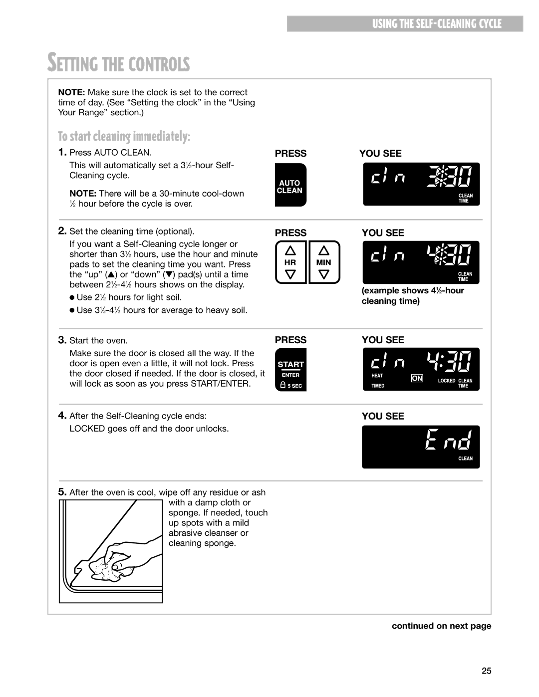 Whirlpool YGS395LEG warranty Setting the Controls, To start cleaning immediately, Example shows 41⁄2-hour cleaning time 