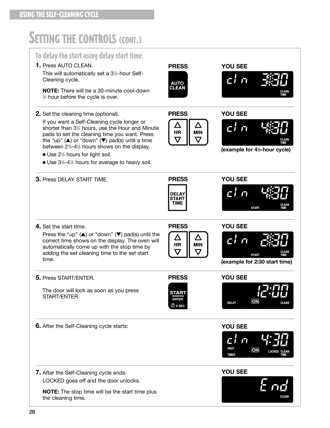 Whirlpool YGS395LEG To delay the start using delay start time, Example for 41⁄2-hour cycle, Example for 230 start time 