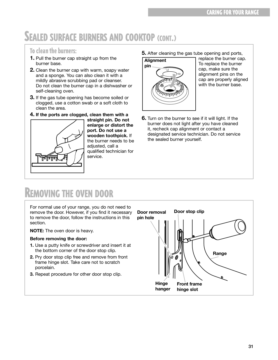 Whirlpool YGS395LEG warranty Removing the Oven Door, To clean the burners 