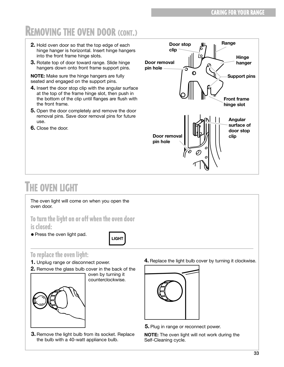 Whirlpool YGS395LEG warranty Oven Light, To replace the oven light 