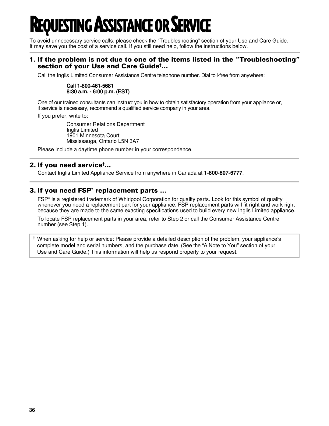 Whirlpool YGS395LEG warranty Requesting Assistanceor Service, Call 830 a.m. 600 p.m. EST 