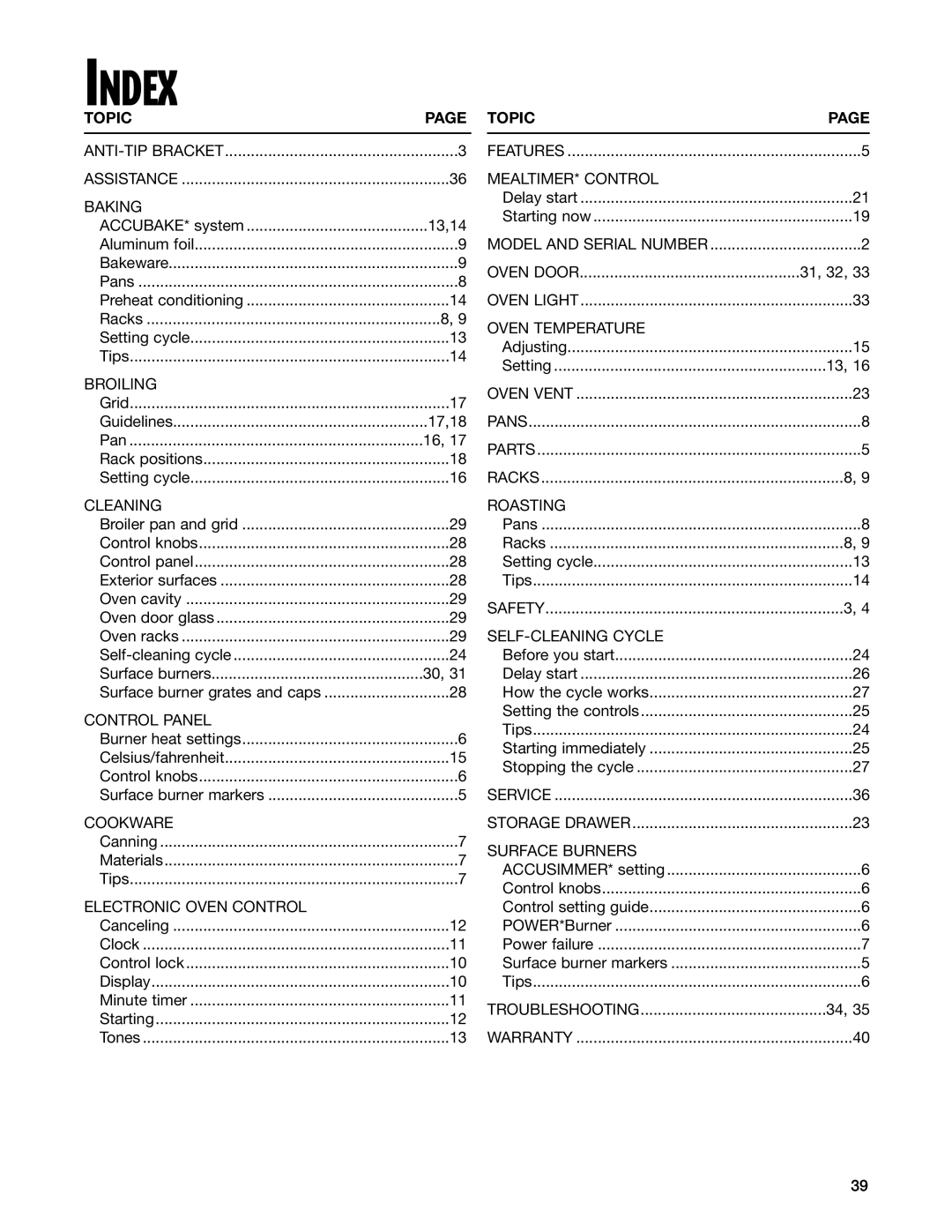 Whirlpool YGS395LEG warranty Index, Topic 