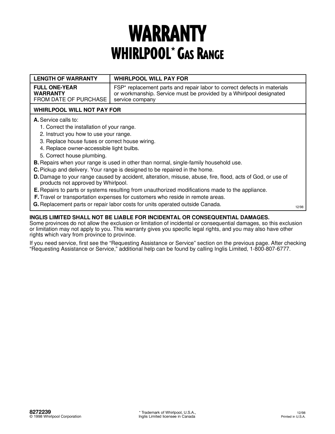 Whirlpool YGS395LEG Length of Warranty Whirlpool will PAY for Full ONE-YEAR, From Date of Purchase, Service company 