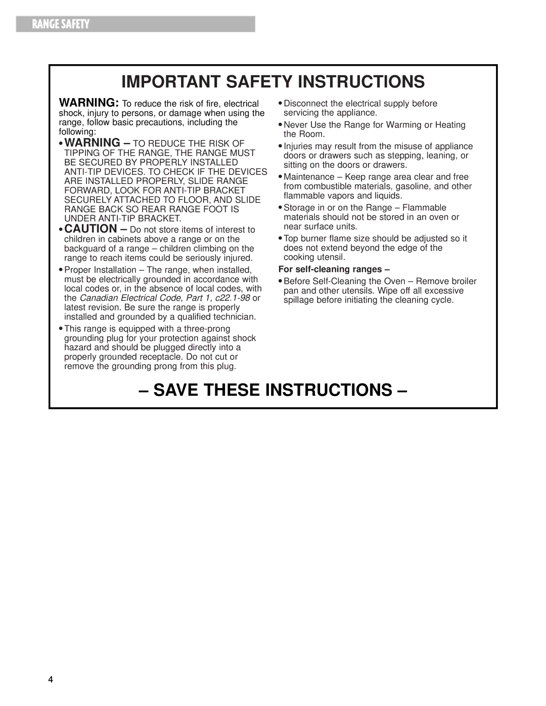 Whirlpool YGS395LEG warranty Important Safety Instructions, For self-cleaning ranges 