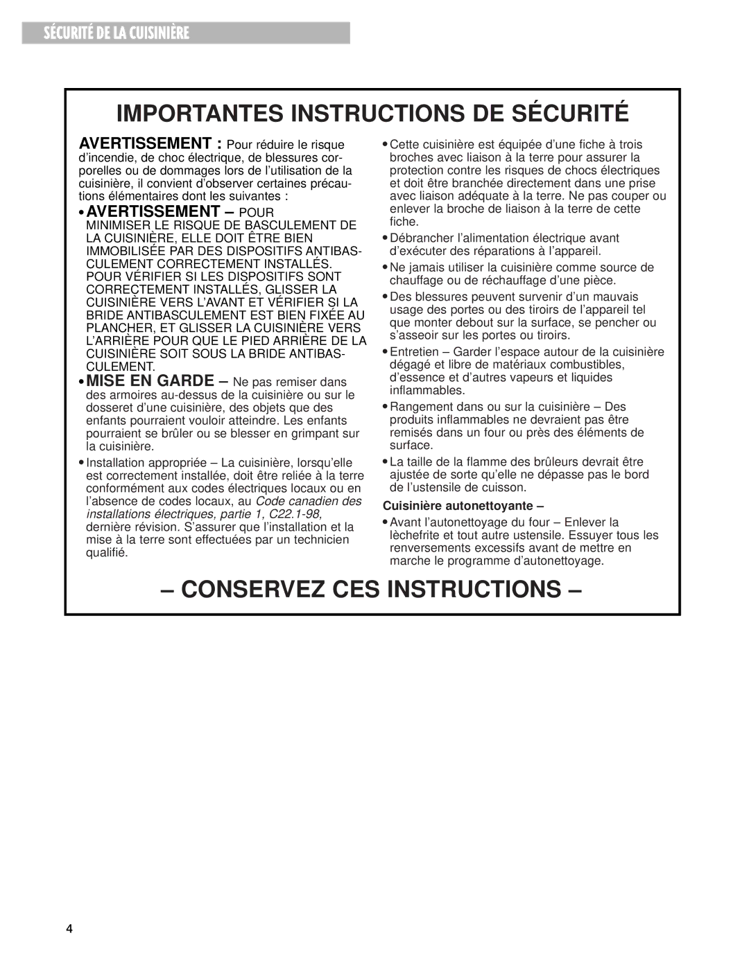 Whirlpool YGS395LEG warranty Importantes Instructions DE Sécurité, Cuisinière autonettoyante 