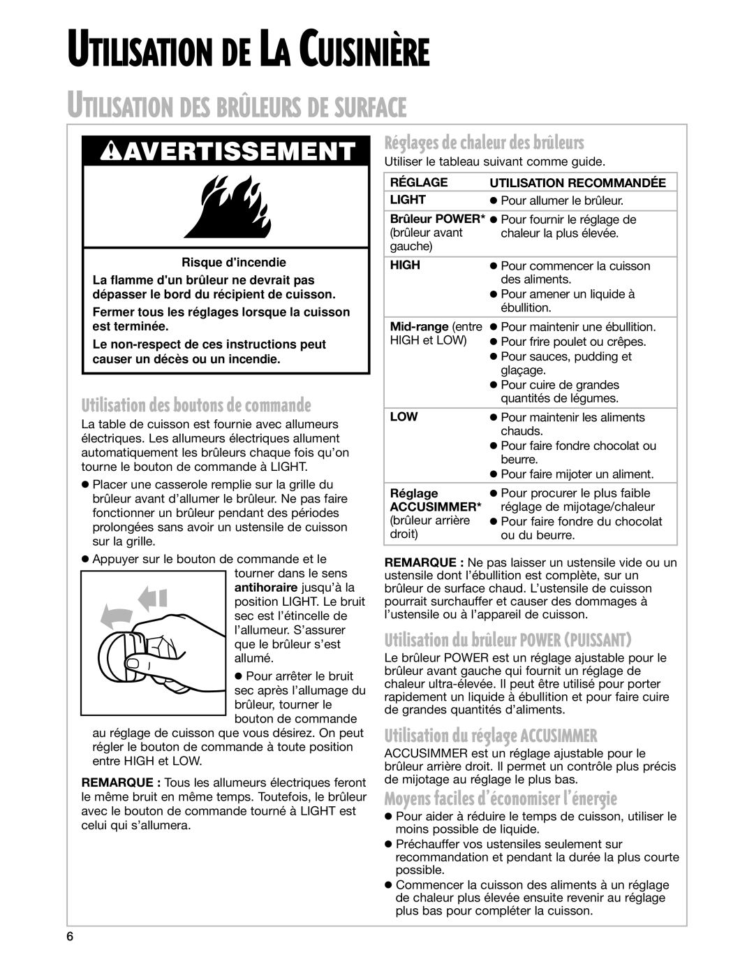 Whirlpool YGS395LEG warranty RŽglages de chaleur des bržleurs, Réglage Utilisation Recommandée Light, Mid-range entre 