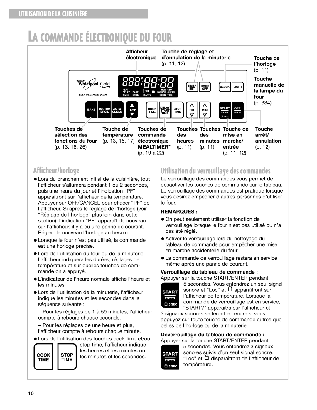 Whirlpool YGS395LEG warranty Afficheur/horloge, Remarques 