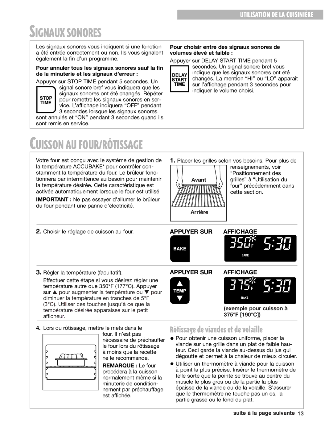 Whirlpool YGS395LEG warranty Signaux Sonores, Cuisson AU FOUR/RïTISSAGE 