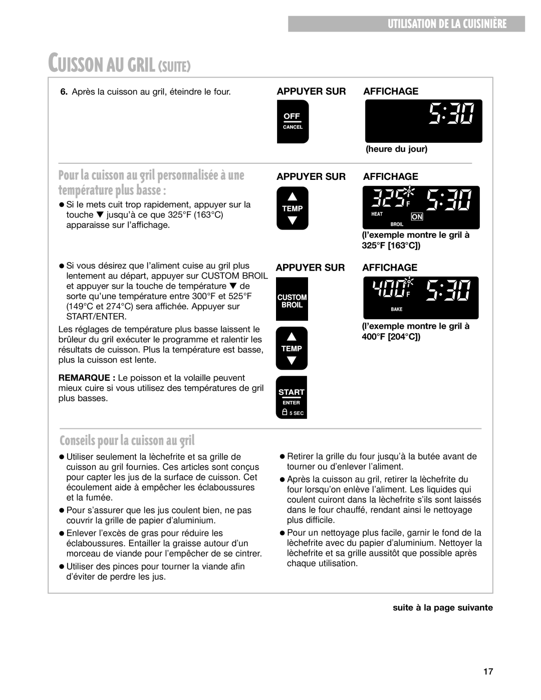 Whirlpool YGS395LEG Cuisson AU Gril Suite, Après la cuisson au gril, éteindre le four, ’exemple montre le gril à 325F 163C 