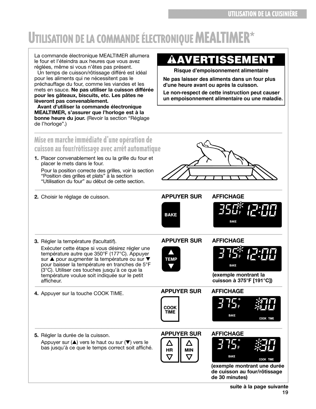 Whirlpool YGS395LEG Exemple montrant la, Cuisson à 375F 191C, Exemple montrant une durée, De cuisson au four/rôtissage 