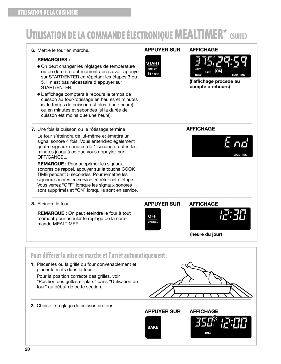 Whirlpool YGS395LEG Pour diffŽrer la mise en marche et lÕarrt automatiquement, ’affichage procède au, Compte à rebours 