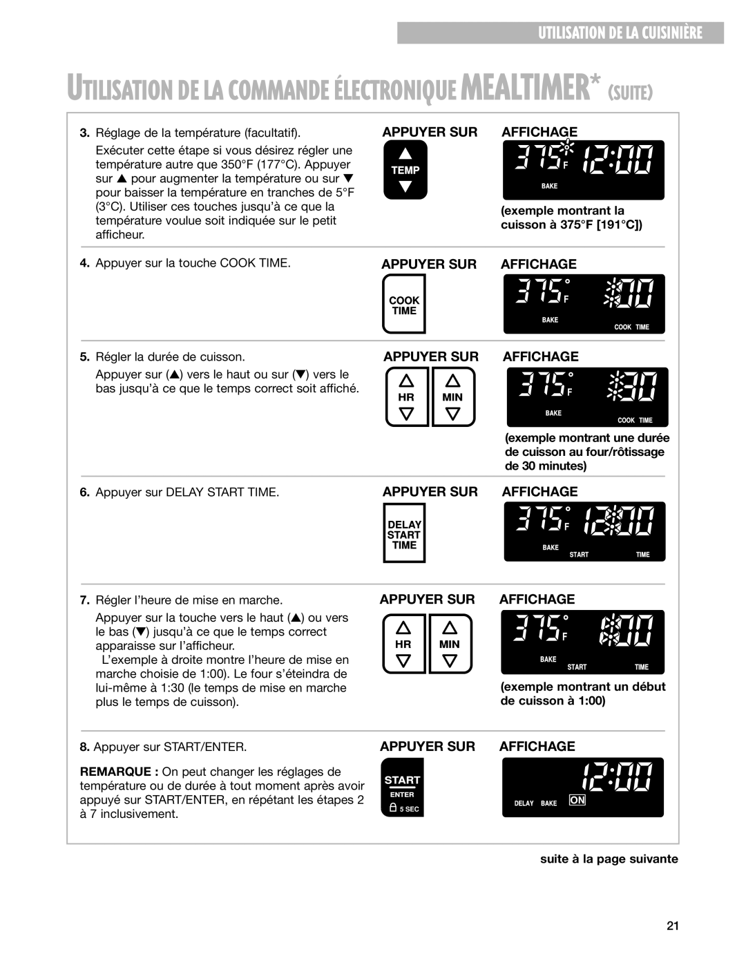 Whirlpool YGS395LEG warranty Exemple montrant un début de cuisson à 