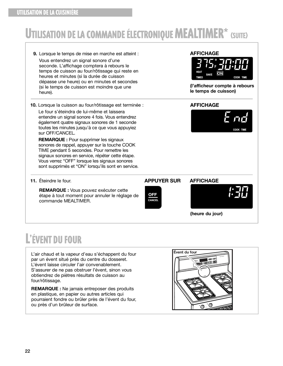 Whirlpool YGS395LEG warranty LÕƒVENT DU Four, ’afficheur compte à rebours le temps de cuisson 