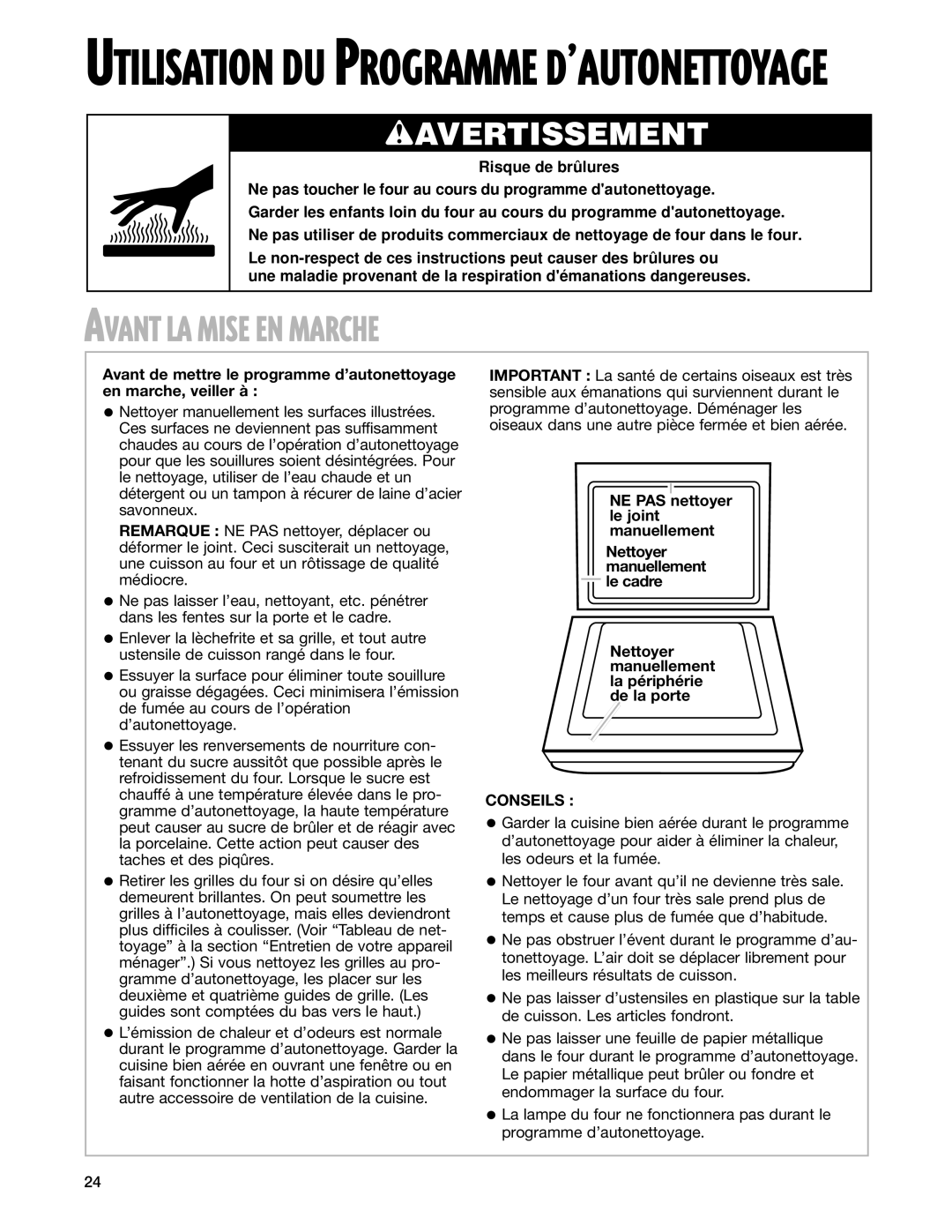 Whirlpool YGS395LEG warranty Avant LA Mise EN Marche, Conseils 