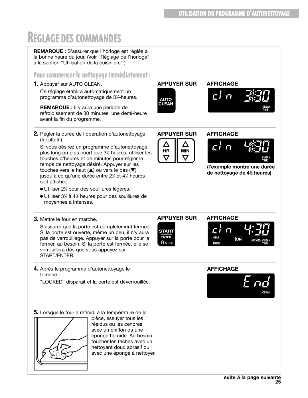 Whirlpool YGS395LEG warranty RƒGLAGE DES Commandes, Pour commencer le nettoyage immŽdiatement 