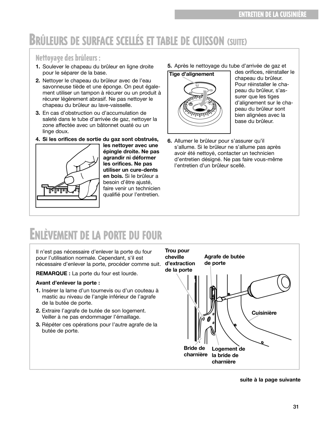 Whirlpool YGS395LEG ENLéVEMENT DE LA Porte DU Four, Nettoyage des bržleurs, Avant d’enlever la porte, Trou pour, Cheville 