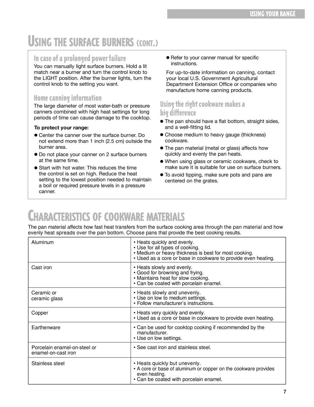 Whirlpool YGS395LEG warranty Home canning information, Big difference, To protect your range 