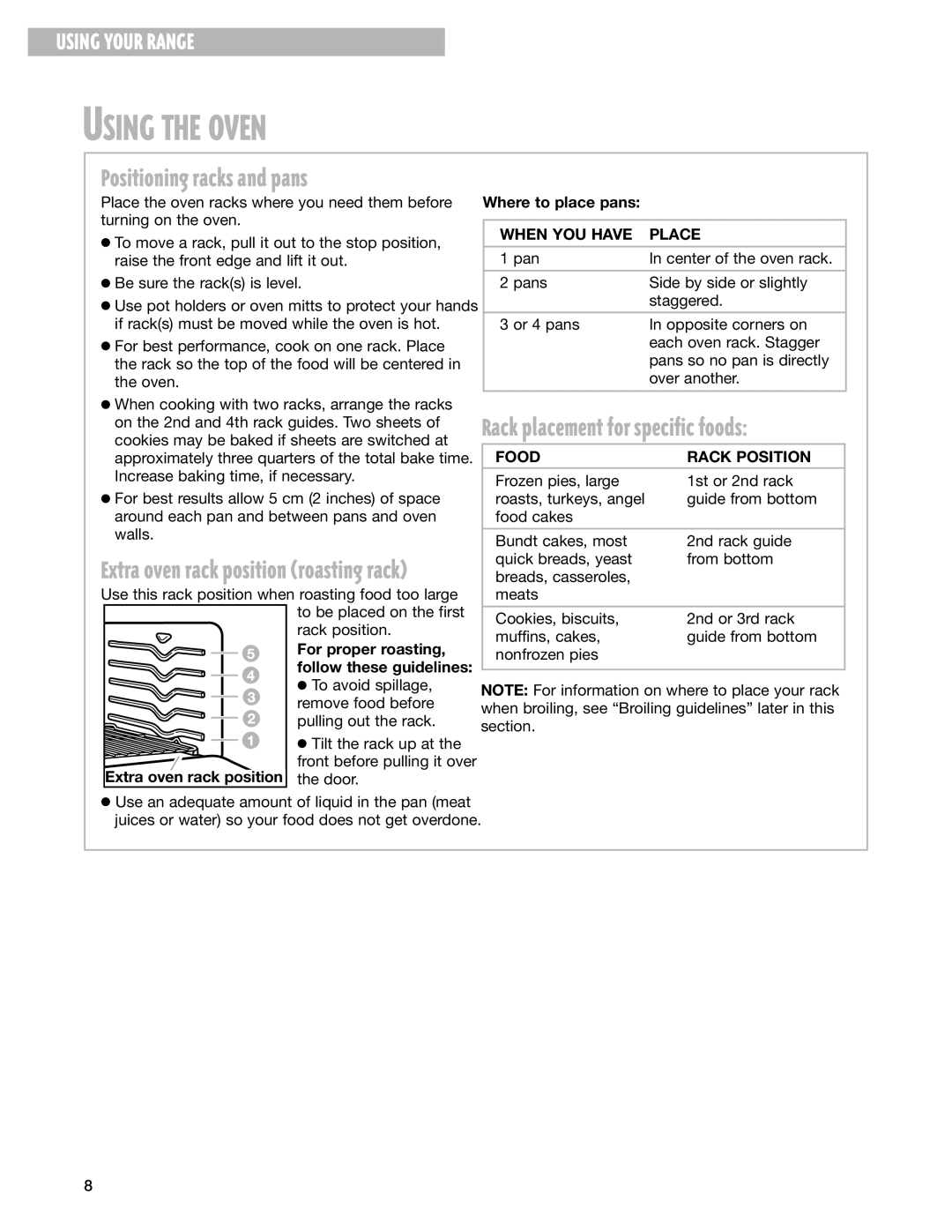 Whirlpool YGS395LEG warranty Using the Oven, Rack placement for specific foods, When YOU have Place, Food Rack Position 