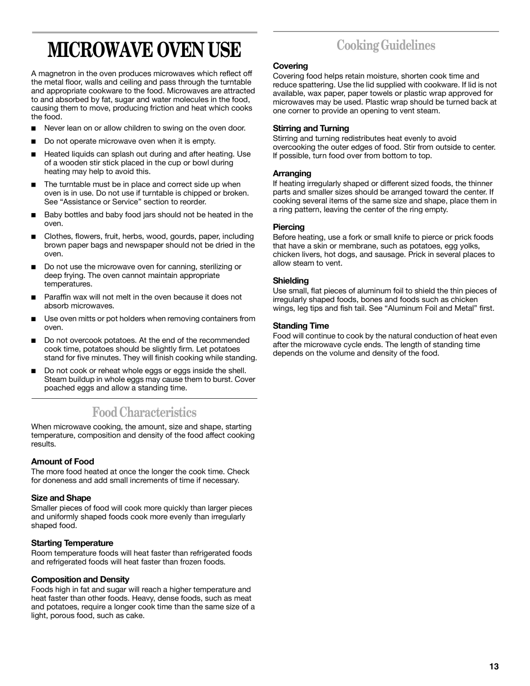 Whirlpool YGSC308, YGSC278 manual FoodCharacteristics, CookingGuidelines 