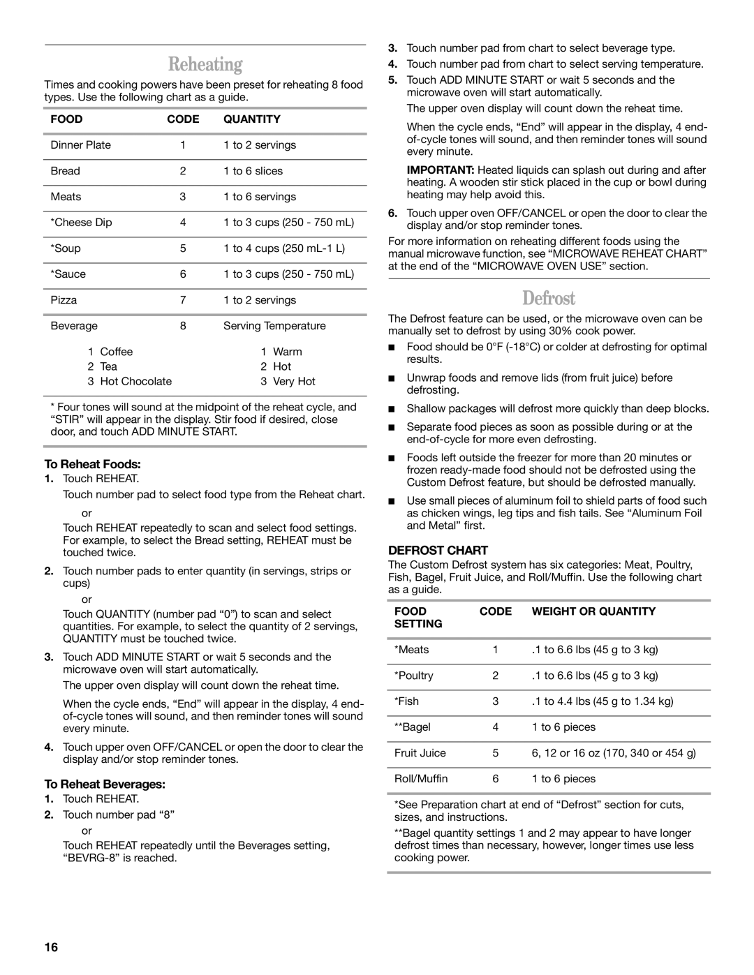 Whirlpool YGSC308, YGSC278 manual Reheating, To Reheat Foods, To Reheat Beverages, Defrost Chart 