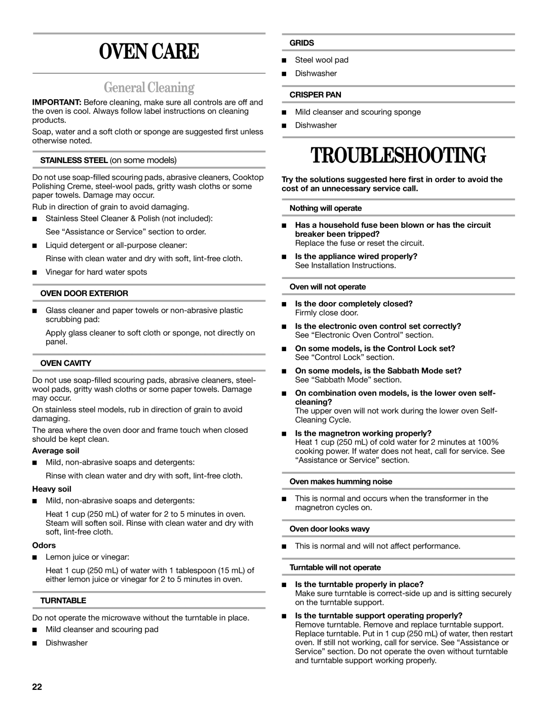 Whirlpool YGSC308, YGSC278 manual Oven Care, Troubleshooting, General Cleaning 