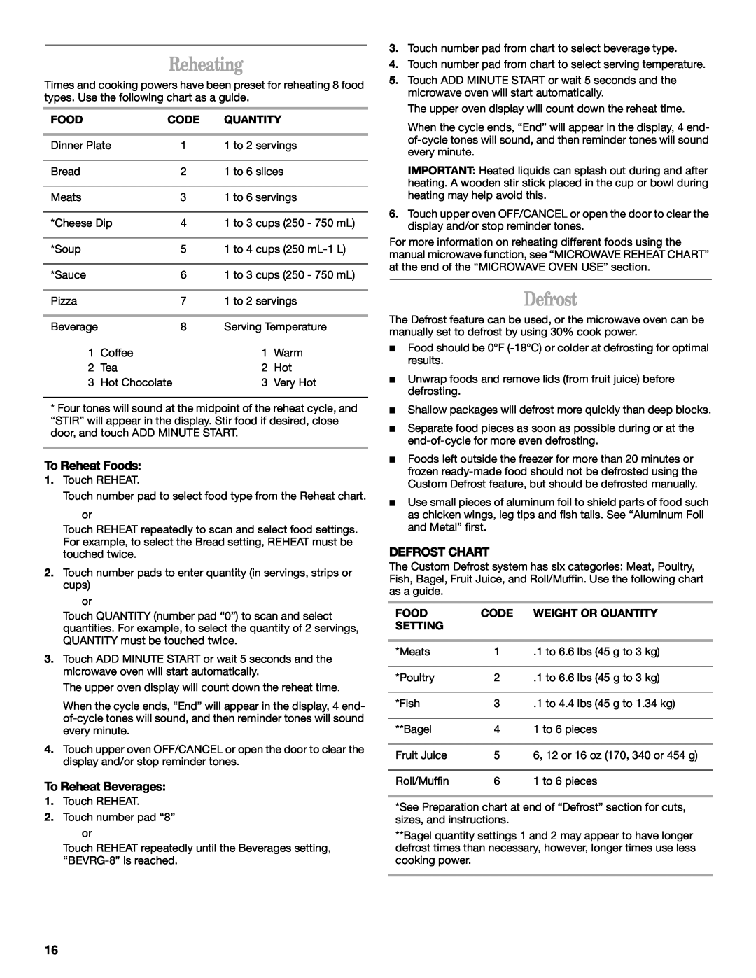 Whirlpool YGSC308, YGSC278 manual Reheating, To Reheat Foods, To Reheat Beverages, Defrost Chart 