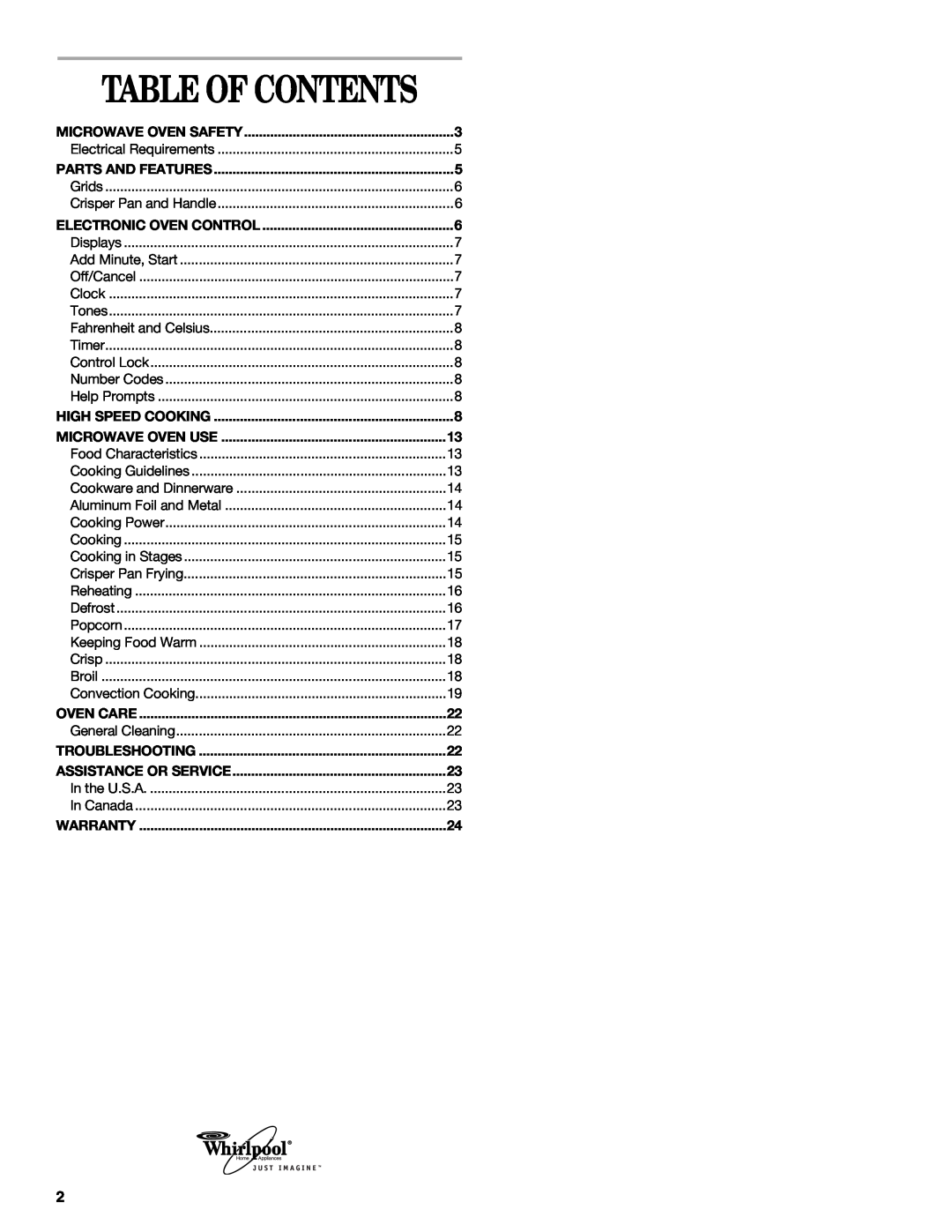 Whirlpool YGSC278, GSC308 Table Of Contents, Microwave Oven Safety, Parts And Features, Electronic Oven Control, Oven Care 