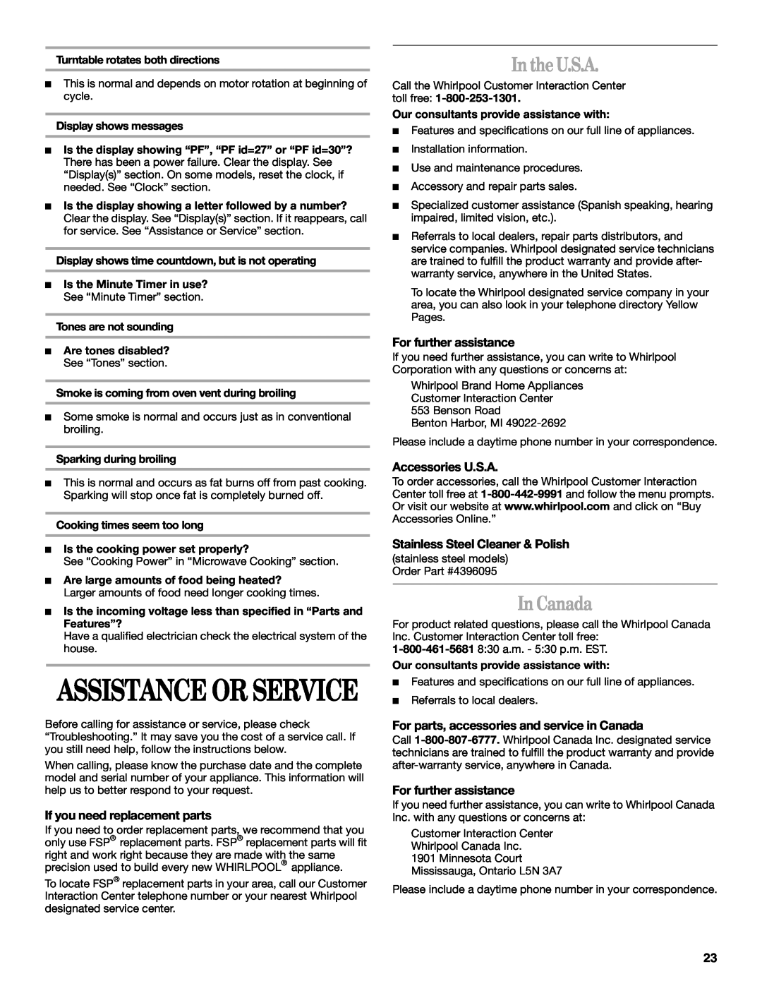 Whirlpool YGSC278, YGSC308 manual Inthe U.S.A, In Canada, Assistance Or Service 