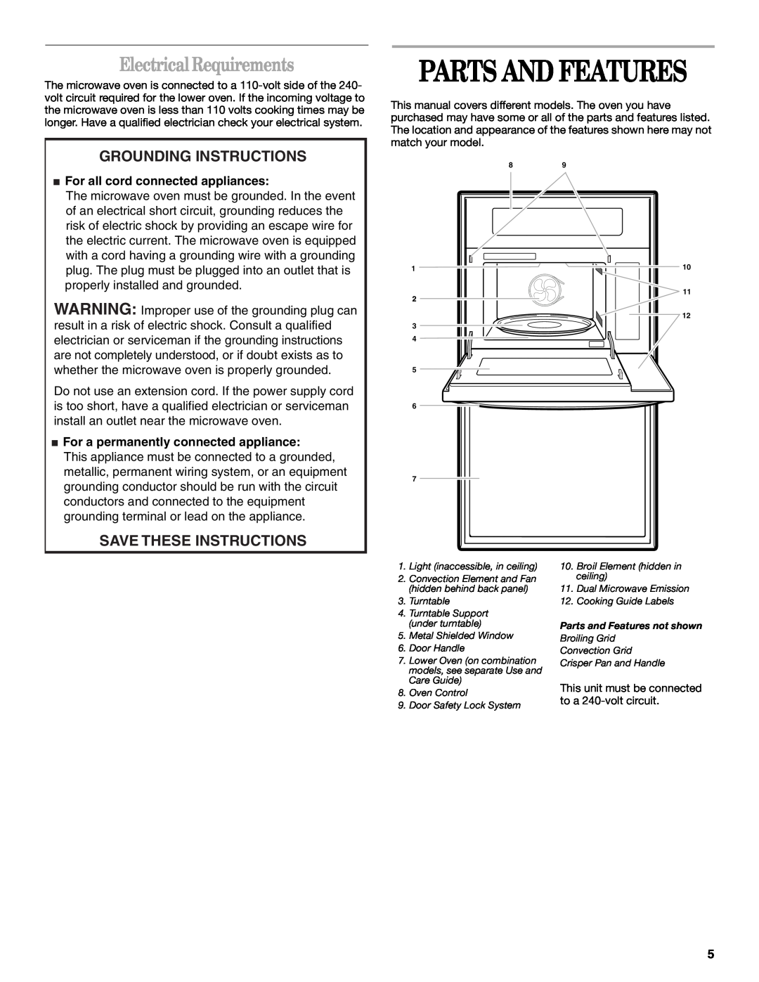 Whirlpool YGSC278, YGSC308 Parts And Features, Electrical Requirements, Grounding Instructions, Save These Instructions 