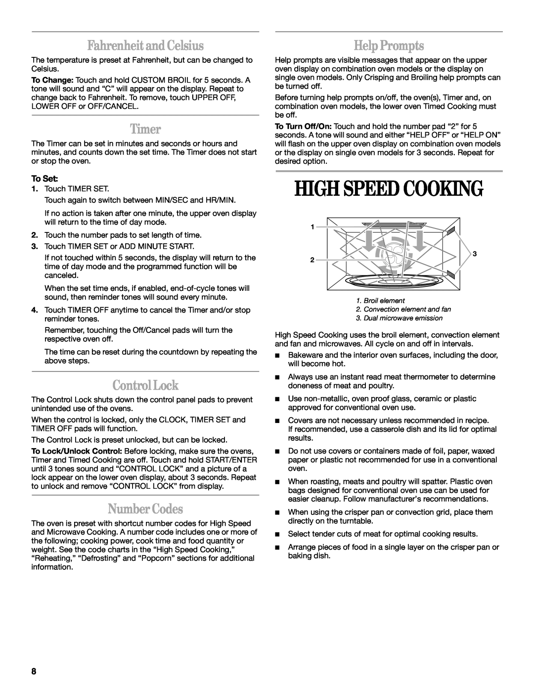 Whirlpool YGSC278, YGSC308 manual High Speed Cooking, Fahrenheit and Celsius, Timer, ControlLock, Number Codes, HelpPrompts 