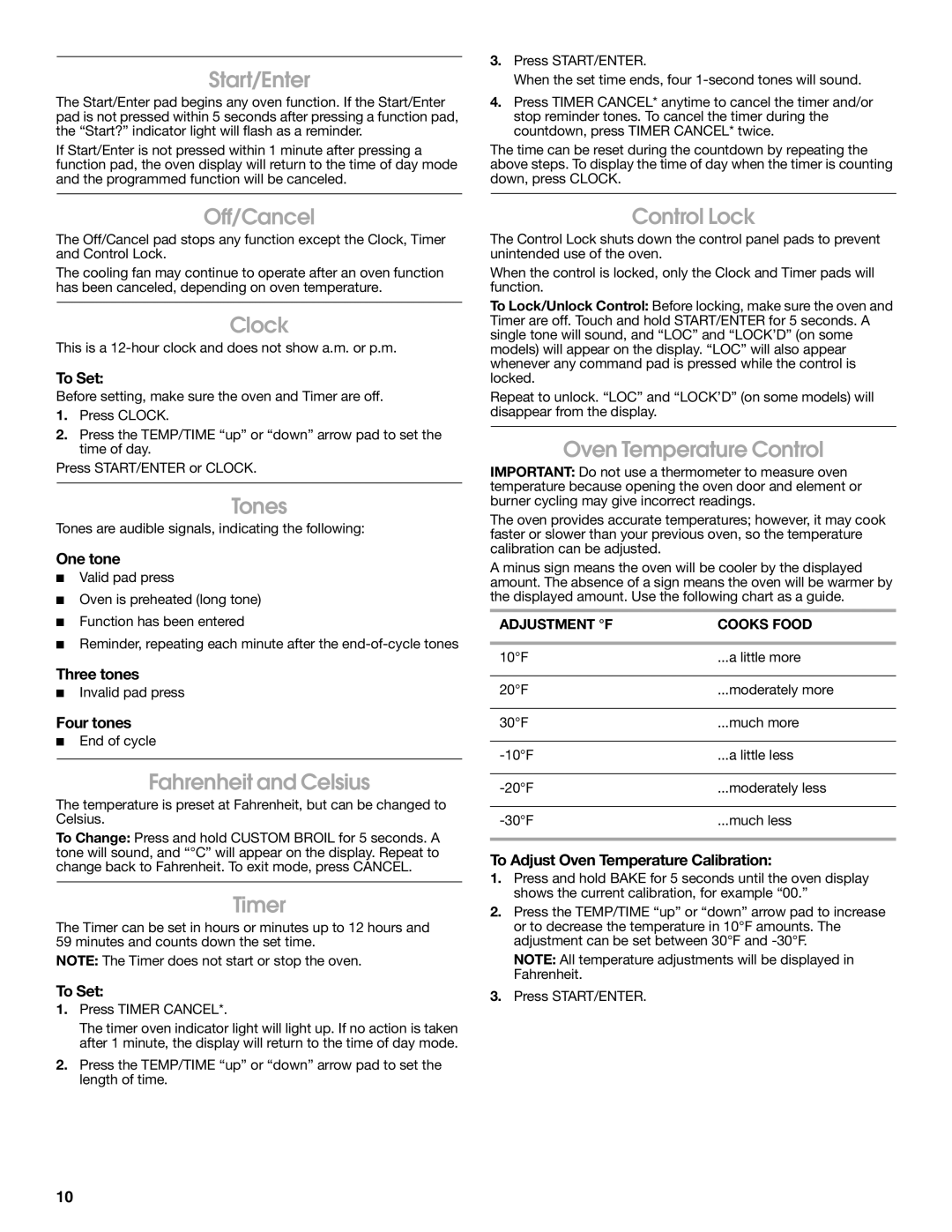 Whirlpool YIES366RS0 manual Start/Enter, Off/Cancel, Clock, Tones, Fahrenheit and Celsius, Timer, Control Lock 