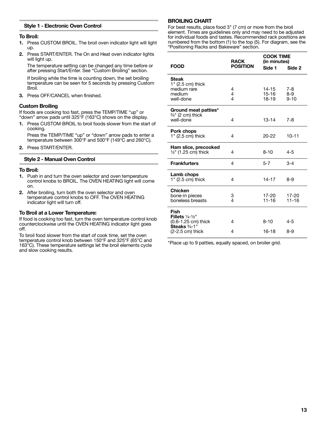 Whirlpool YIES366RS0 manual Style 1 Electronic Oven Control To Broil, Custom Broiling, Style 2 Manual Oven Control To Broil 