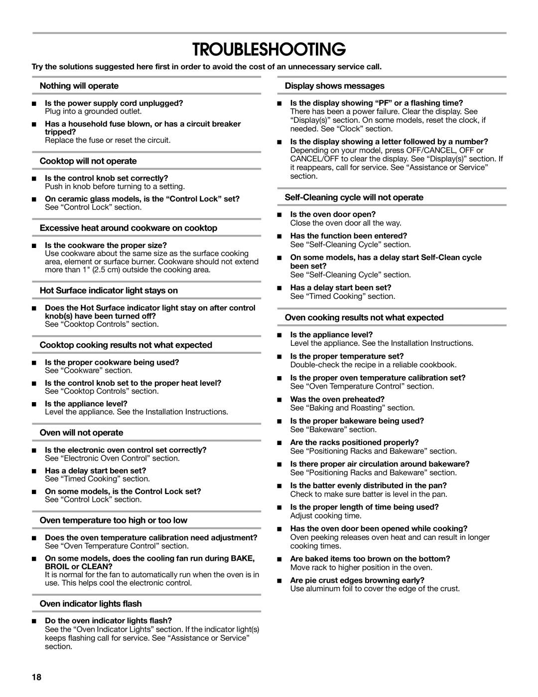 Whirlpool YIES366RS0 manual Troubleshooting 