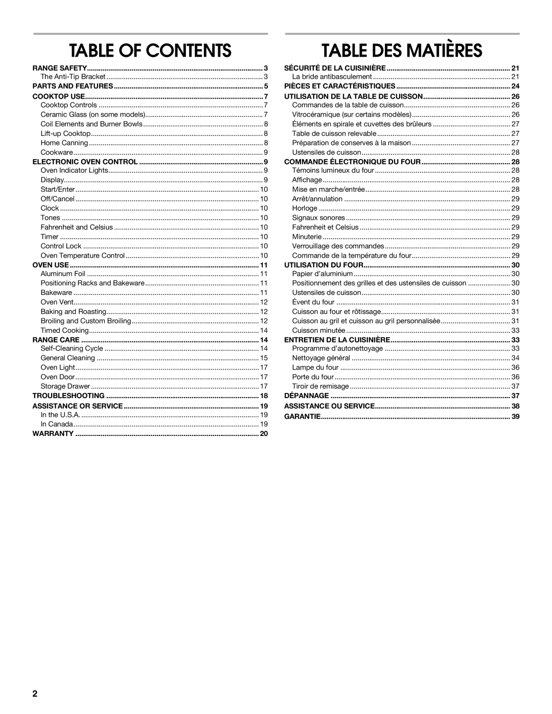 Whirlpool YIES366RS0 manual Table of Contents 