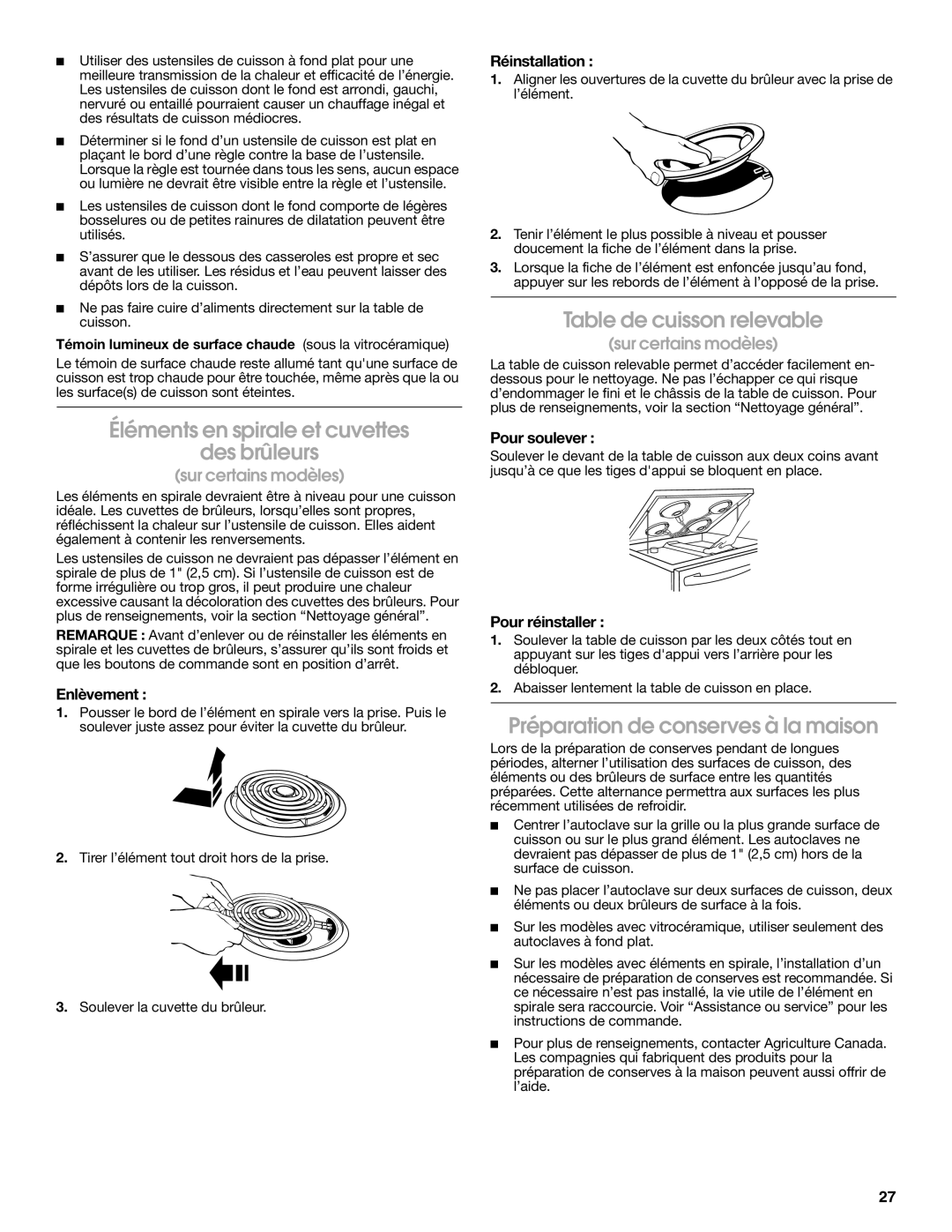 Whirlpool YIES366RS0 manual Éléments en spirale et cuvettes Des brûleurs, Table de cuisson relevable 