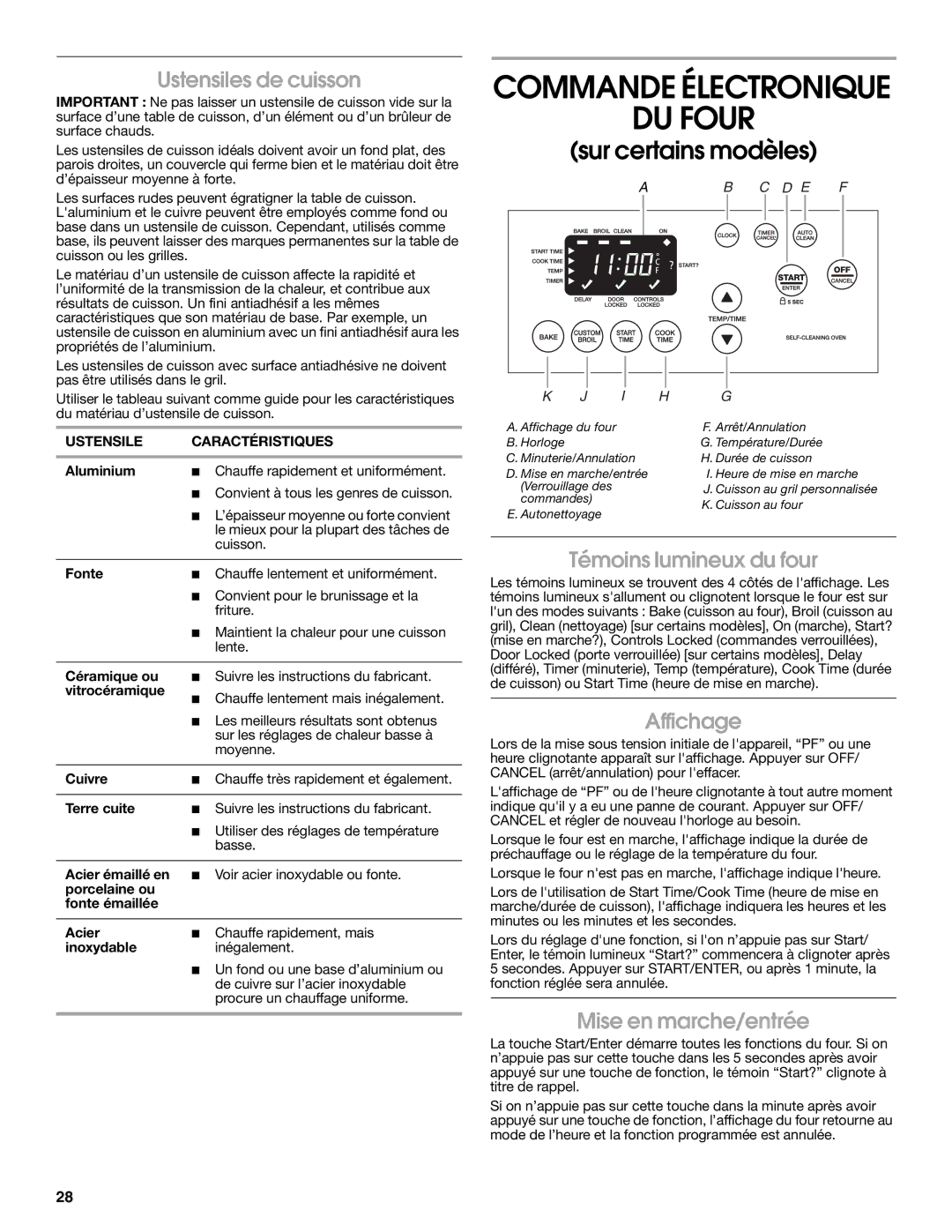 Whirlpool YIES366RS0 manual Commande Électronique DU Four, Ustensiles de cuisson, Témoins lumineux du four, Affichage 