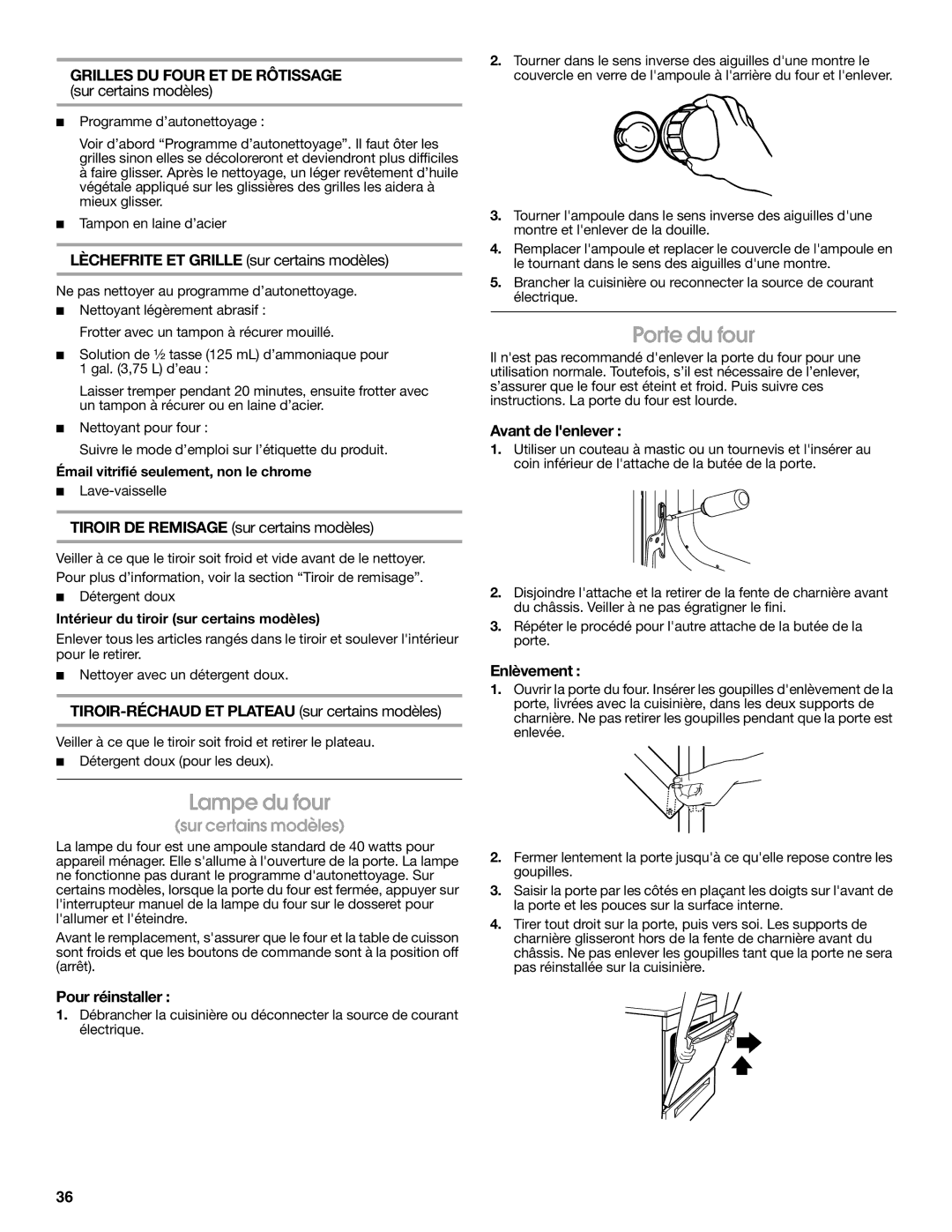 Whirlpool YIES366RS0 manual Lampe du four, Porte du four, Grilles DU Four ET DE Rôtissage, Avant de lenlever 