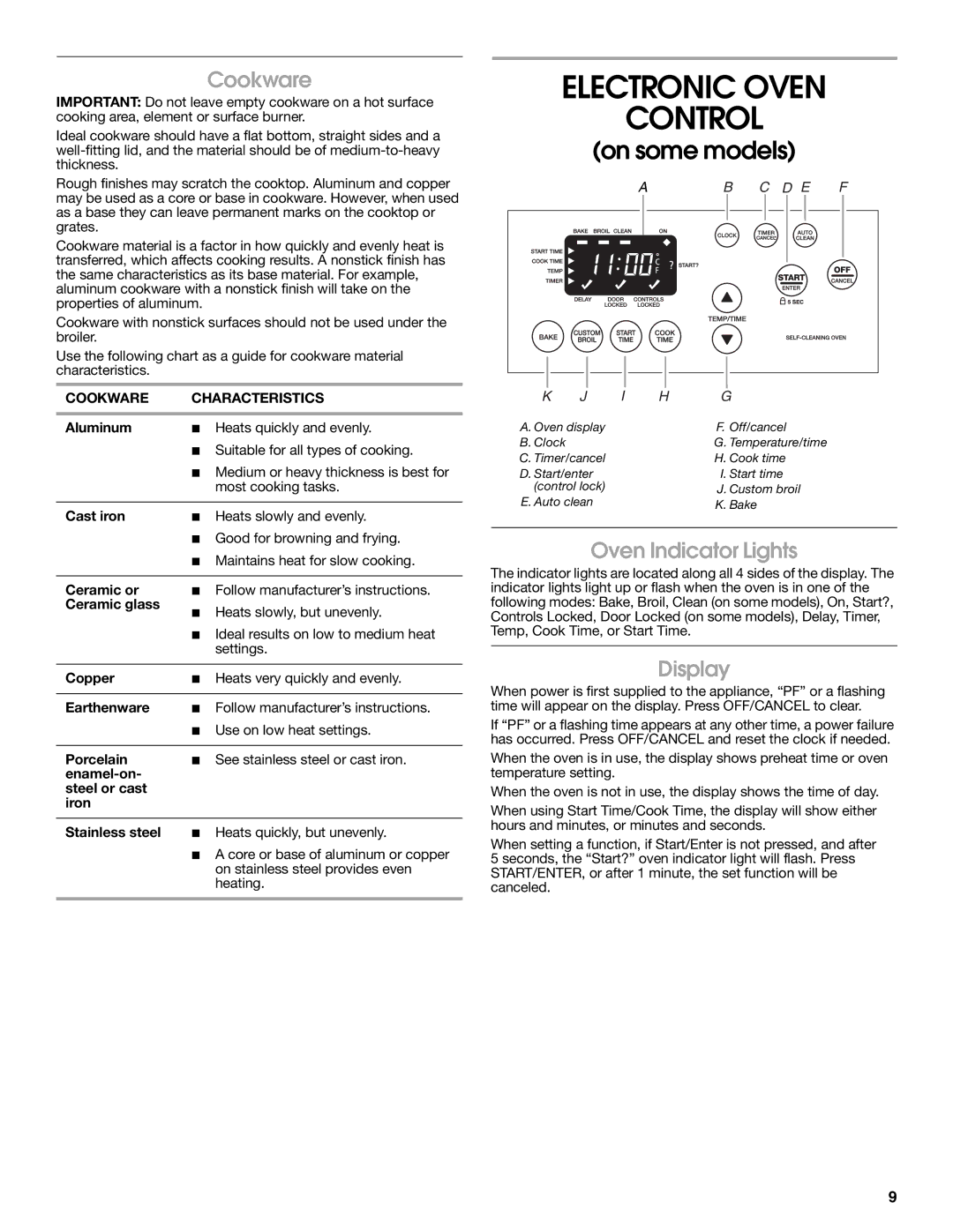 Whirlpool YIES366RS0 manual Electronic Oven Control, Oven Indicator Lights, Display, Cookware Characteristics 