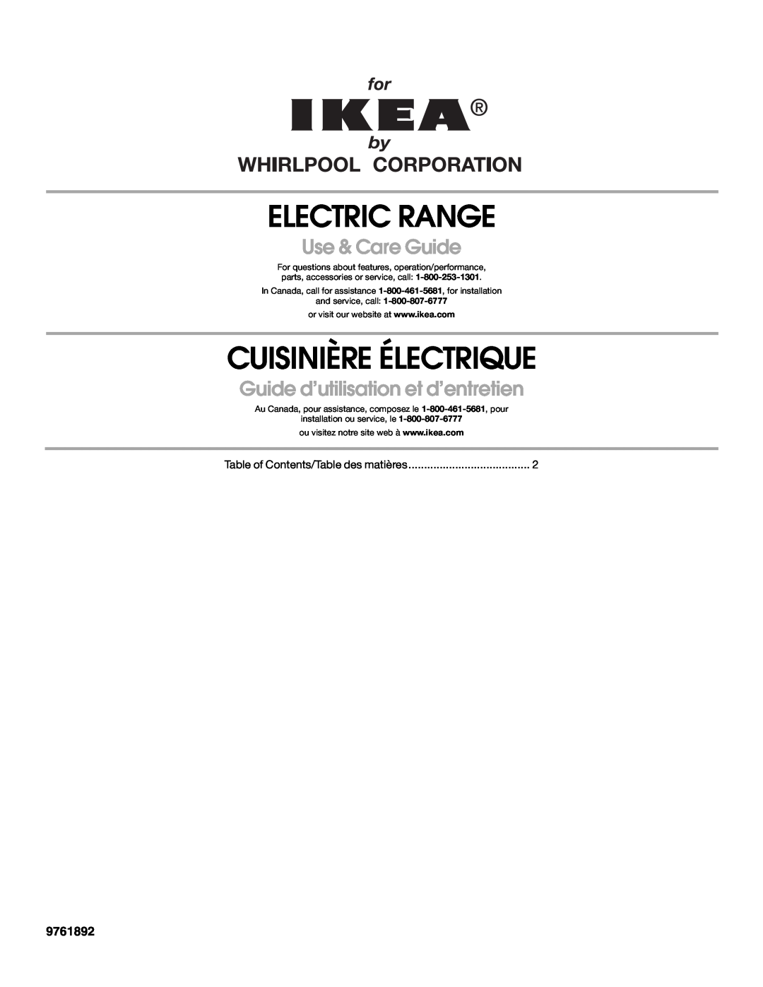 Whirlpool YIES366RS0 manual 9761892, Electric Range, Cuisinière Électrique, Use & Care Guide 