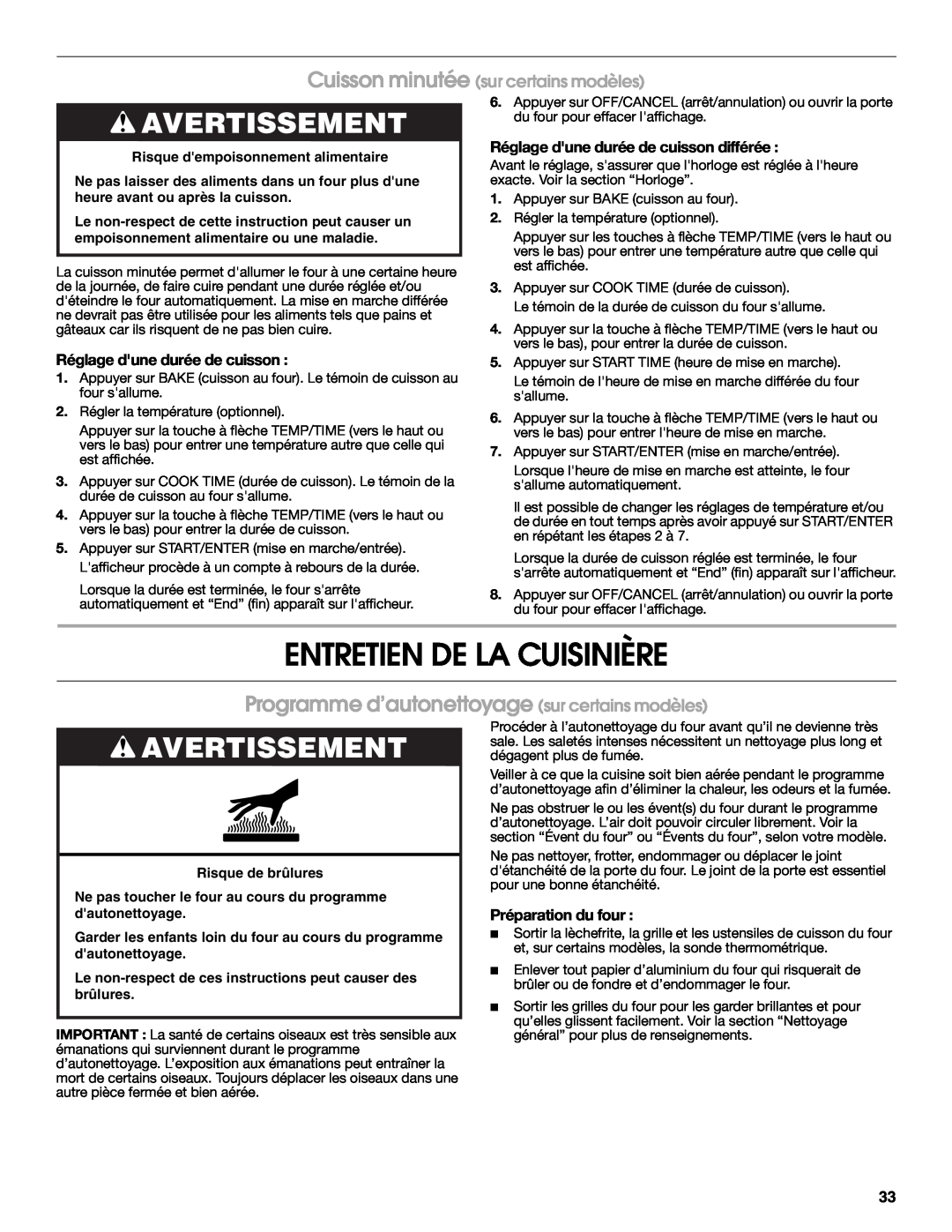Whirlpool YIES366RS0 manual Entretien De La Cuisinière, Programme d’autonettoyage sur certains modèles, Préparation du four 