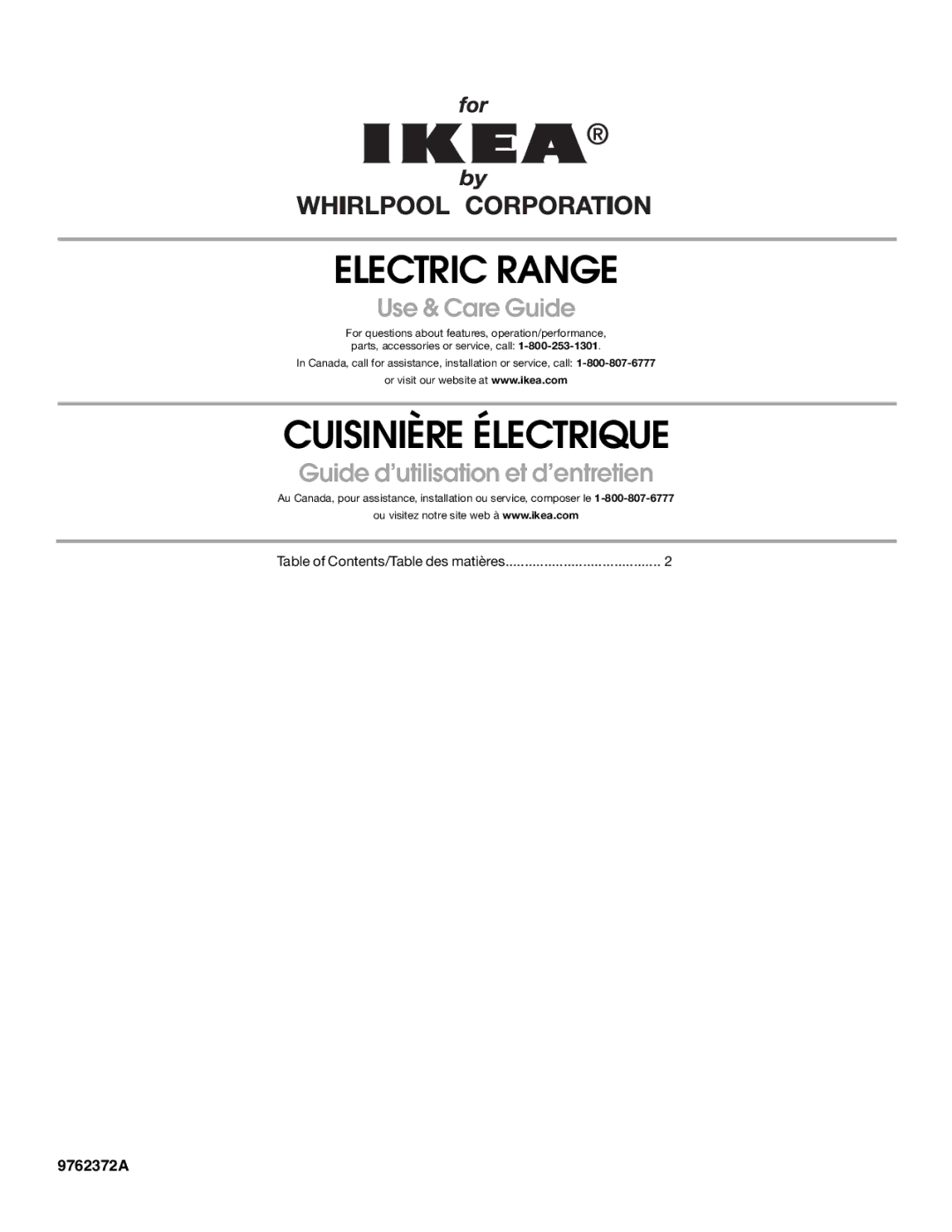 Whirlpool YIES366RS1 manual Electric Range, Table of Contents/Table des matières 