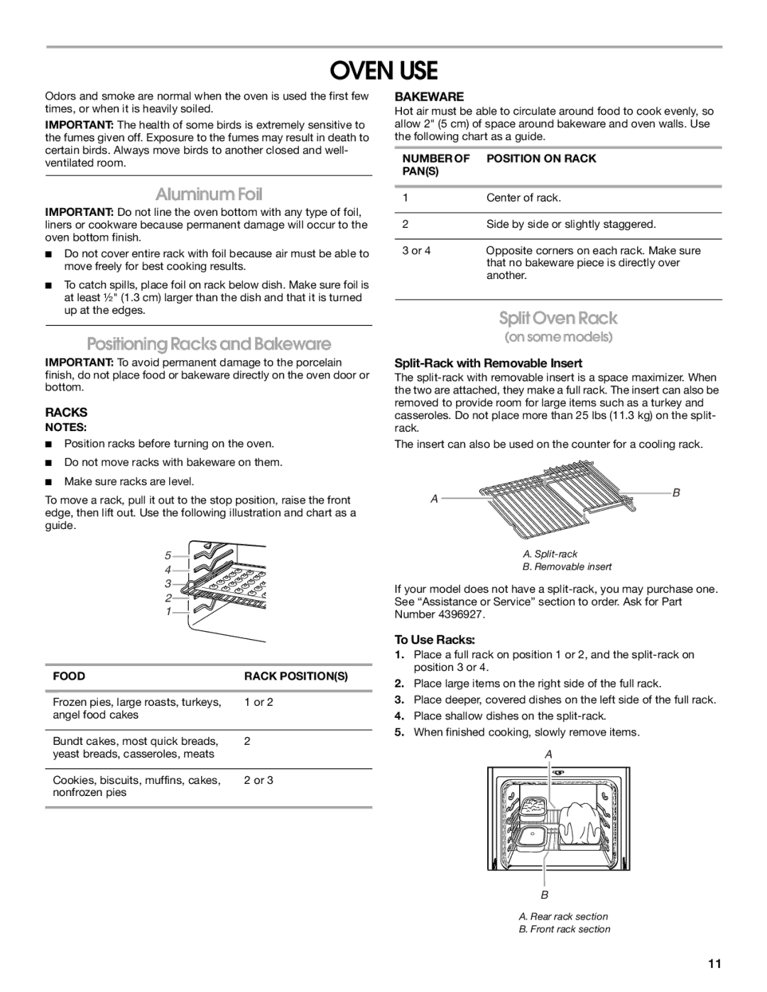 Whirlpool YIES366RS1 manual Oven USE, Aluminum Foil, Positioning Racks and Bakeware, Split Oven Rack 