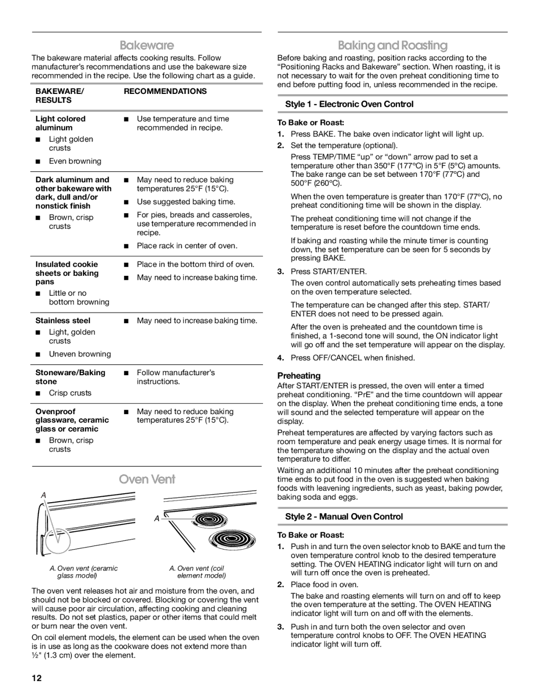 Whirlpool YIES366RS1 manual Bakeware, Baking and Roasting, Oven Vent 