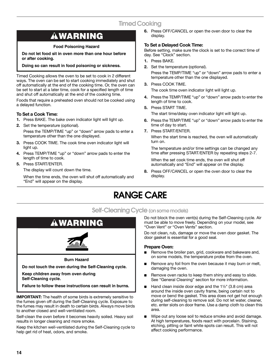 Whirlpool YIES366RS1 manual Range Care, Timed Cooking, Self-Cleaning Cycle on some models 