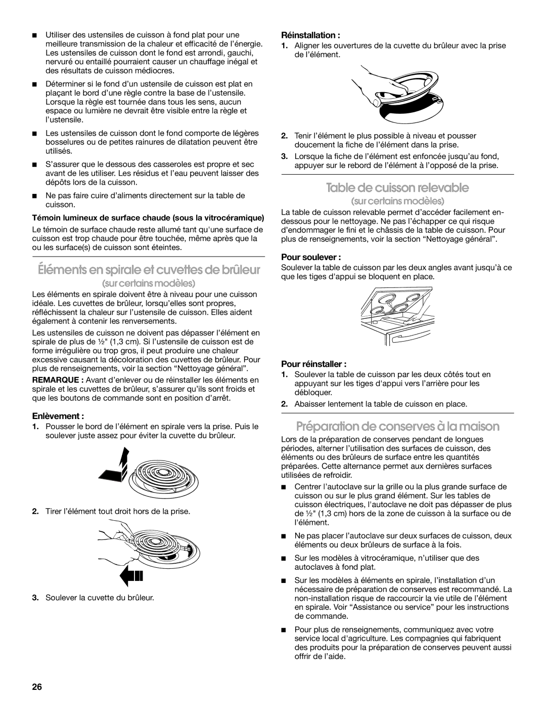 Whirlpool YIES366RS1 manual Éléments en spirale et cuvettes de brûleur, Table de cuisson relevable 