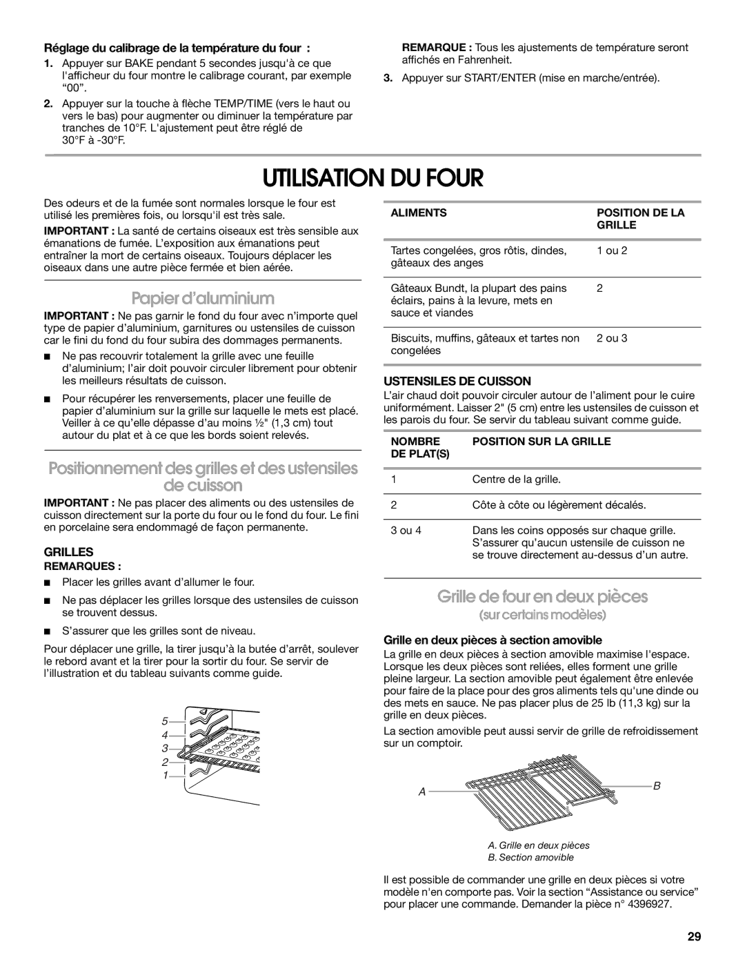 Whirlpool YIES366RS1 manual Utilisation DU Four, Papier d’aluminium, De cuisson, Grille de four en deux pièces 